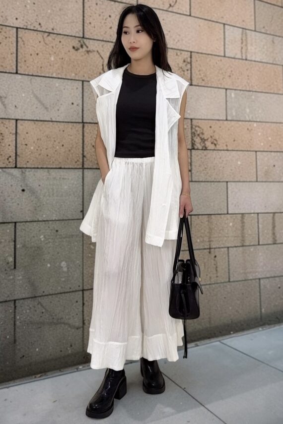38831 TEXTURED ELASTIC-WAIST WIDE-LEG PANTS