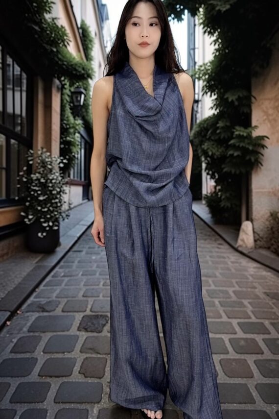 38959 SLEEVELESS COWL NECK TOP & WIDE-LEG PANTS