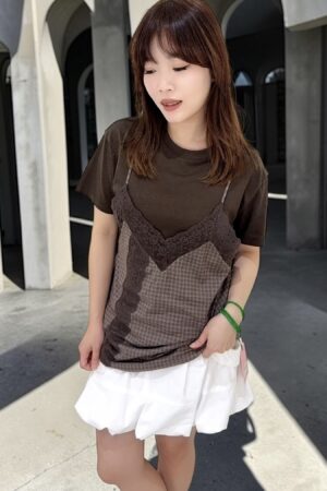 39012 FAUX-LAYERED CHECKER TEE