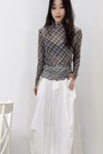 39232 CHECKER CHIFFON LONG-SLEEVED TOP