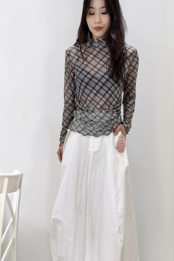 39232 CHECKER CHIFFON LONG-SLEEVED TOP