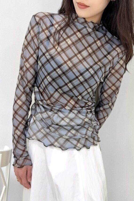 39232 CHECKER CHIFFON LONG-SLEEVED TOP