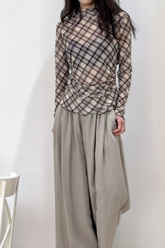 39232 CHECKER CHIFFON LONG-SLEEVED TOP