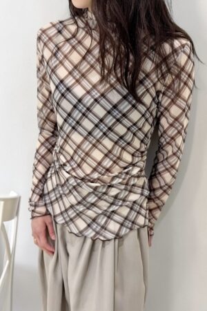 39232 CHECKER CHIFFON LONG-SLEEVED  TOP