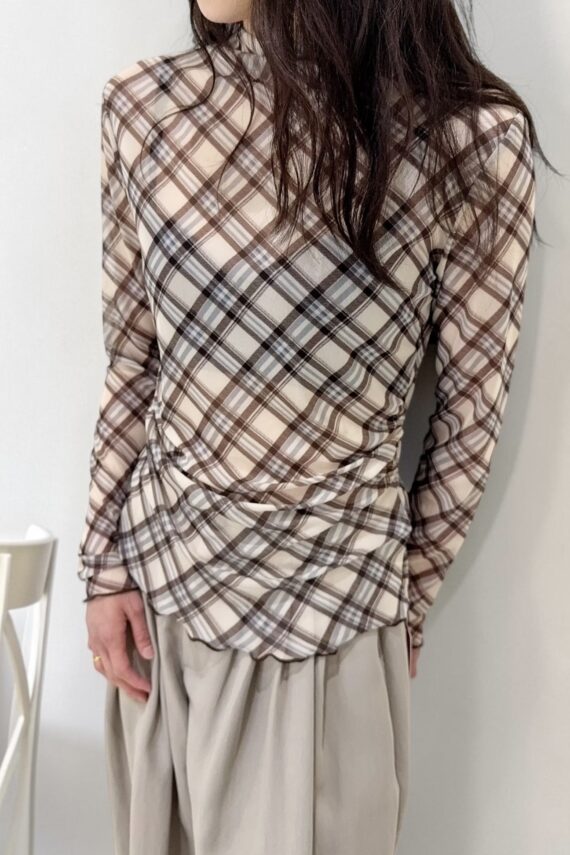 39232 CHECKER CHIFFON LONG-SLEEVED TOP
