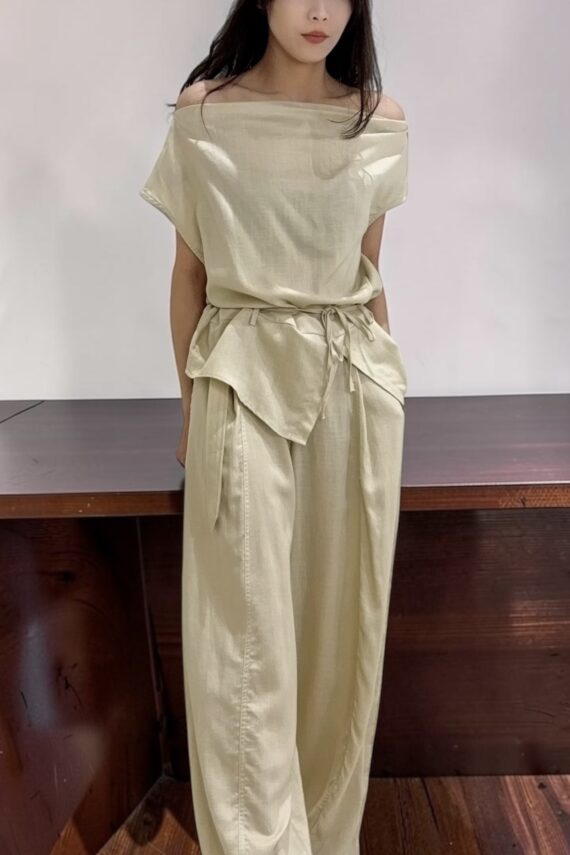 39155 LINEN OFF-SHOULDER TOP & WIDE-LEG PANTS SET
