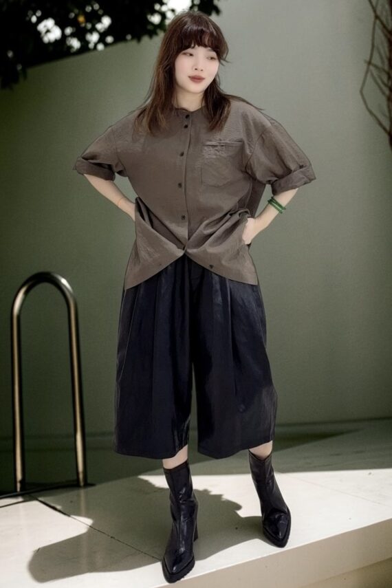 39250 ELASTIC WAIST CURVED-HEM LEATHER PANTS