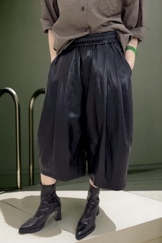 39250 ELASTIC WAIST CURVED-HEM LEATHER PANTS