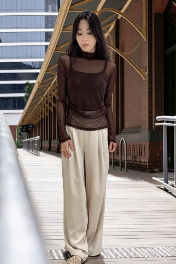 39233 HIGH-NECK SHEER LONG-SLEEVE TOP